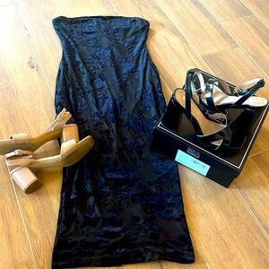 Shein black floral strapless midi dress size M. Both heels size 8.5.